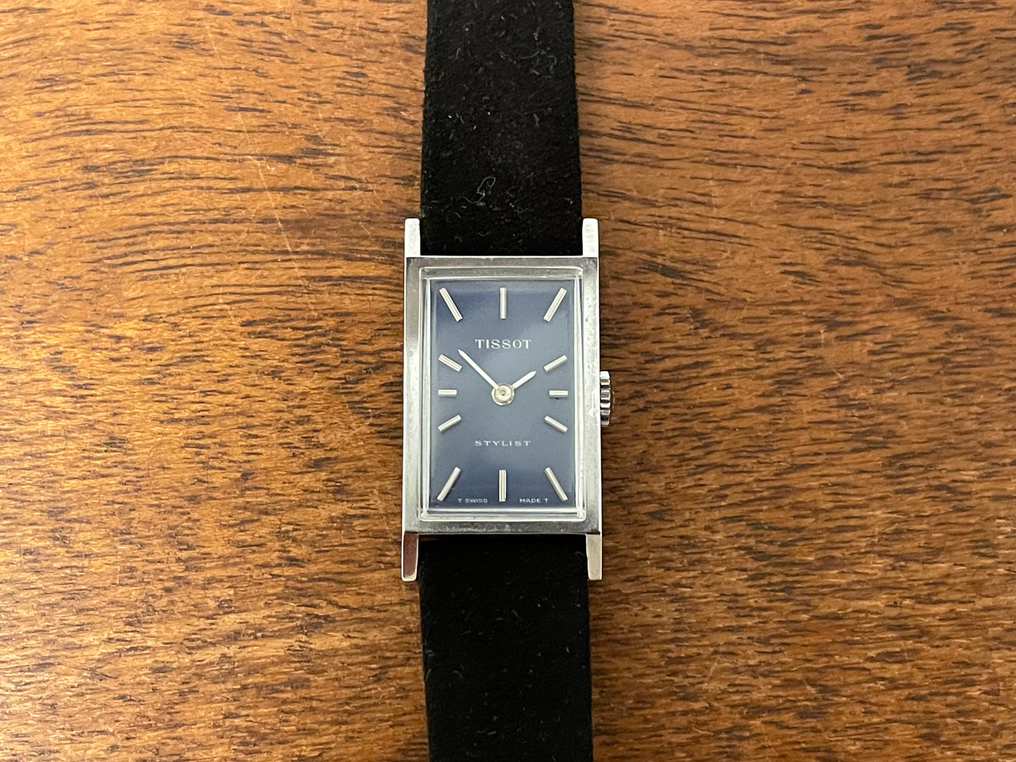 (1970s) Tissot 10676 Stylist “Tank” dress watch - blue sunburst dial w/ silver stick markers - small size (NOS)