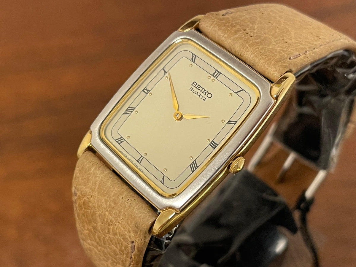 (1995) Seiko 5P30-5020 quartz "Tank" dress watch - bi-color case - beige dial w/ Roman numerals (NOS)