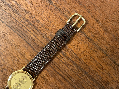 (1985) Seiko 1E20-0160 dual time dress watch - round case - gold textured dial w/ 2 subdials