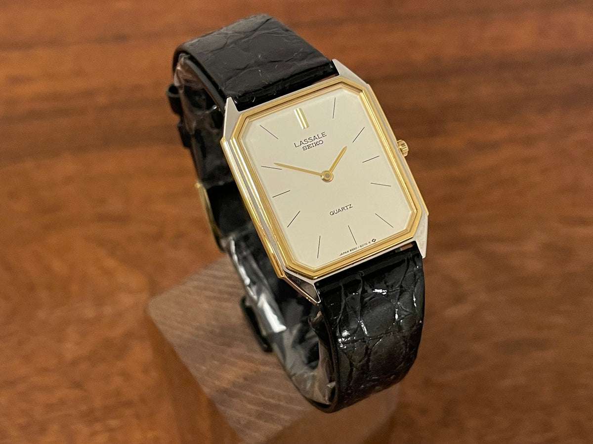 (1983) Seiko 9550-5069 Lassale ultra-thin "Tank" dress watch - cream dial w/ black stick markers (NOS)