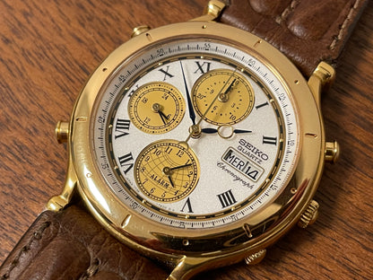 (1992) Seiko 7T39-7A00 Age of Discovery (AOD) chronograph -  gold case w/ white speckled dial (NOS)