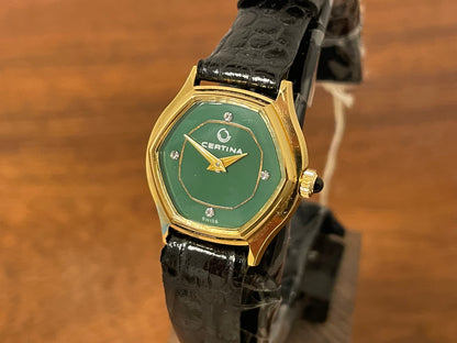 (1970s) Certina 6797 dress watch - gold plated 10M case - green dial w/ diamond markers - small size (NOS)