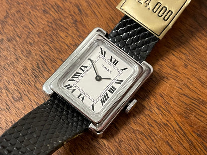 (1970s) Timex "Tank" dress watch - silver case - white dial w/ Roman numerals - small size (NOS)