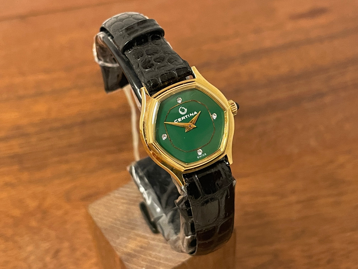 (1970s) Certina 6797 dress watch - gold plated 10M case - green dial w/ diamond markers - small size (NOS)