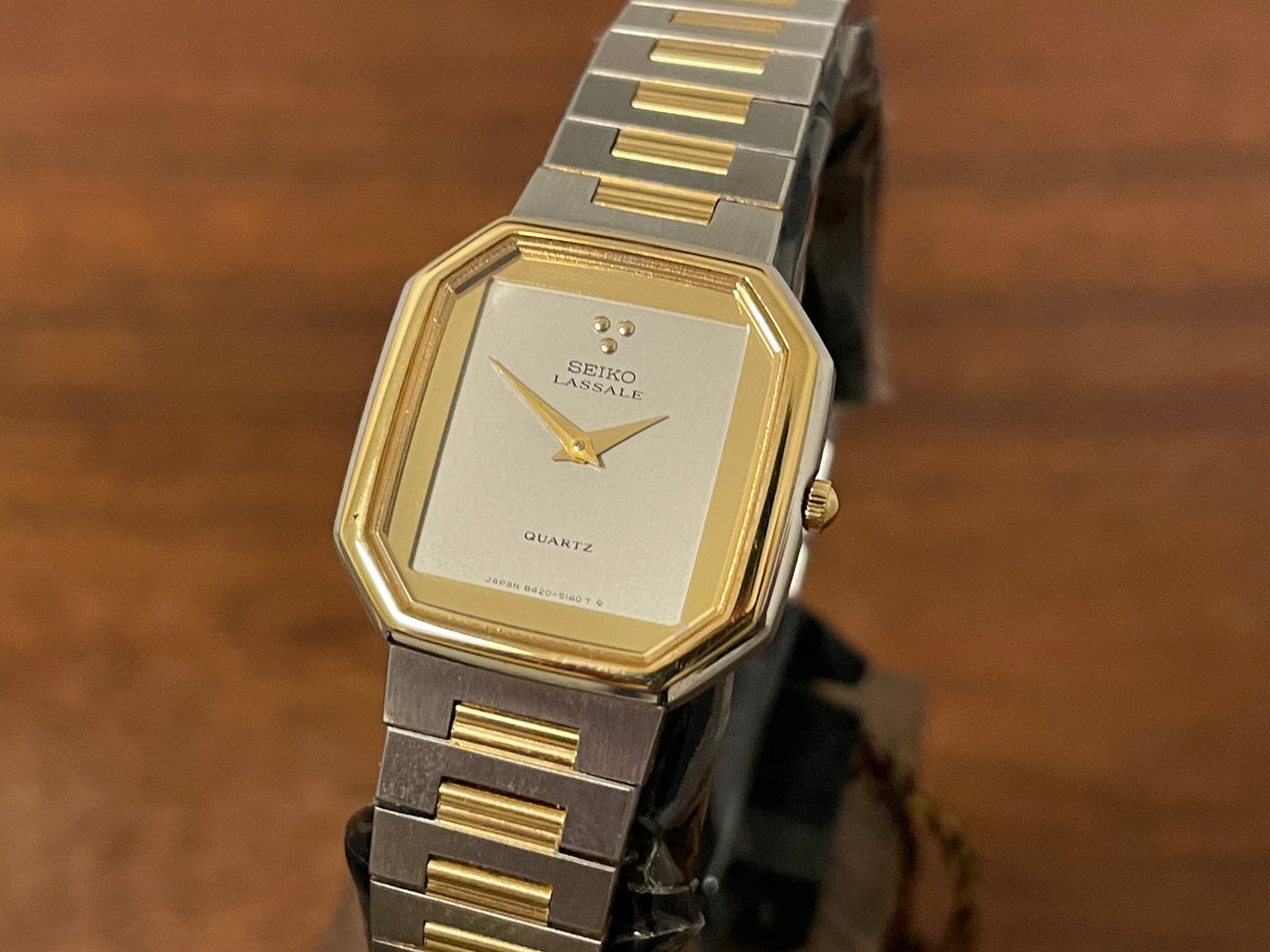 (1982) Seiko 8420-5129 Lassale dress watch - bi-color integrated bracelet & case - silver dial - small size (NOS)