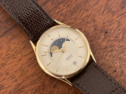 (1984) Seiko 7434-7000 dress watch - champagne dial w/ moonphase & stick markers