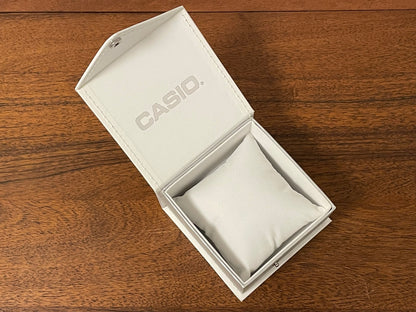 Casio watch box - white w/ fold-over lid and snap button closure