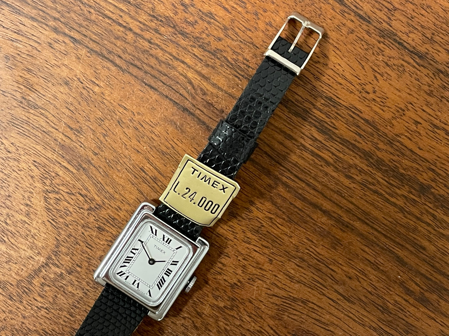 (1970s) Timex "Tank" dress watch - silver case - white dial w/ Roman numerals - small size (NOS)