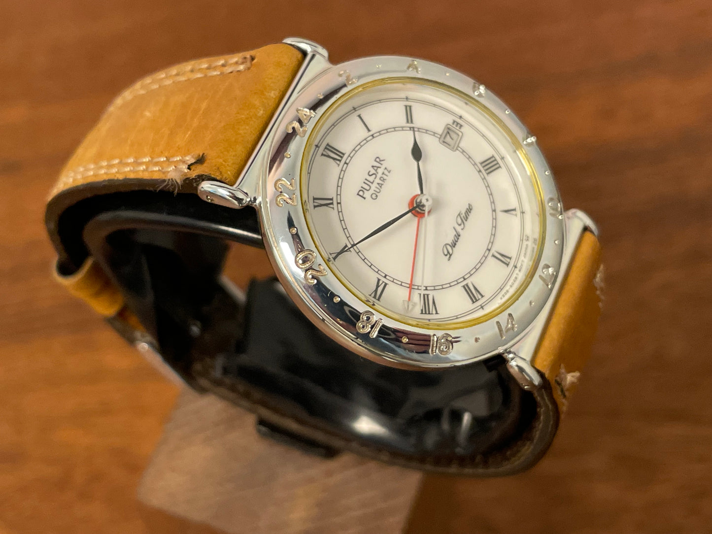 (1988) Pulsar V339-6000 GMT  “Dual Time” dress watch - white dial w/ Roman numerals (NOS)