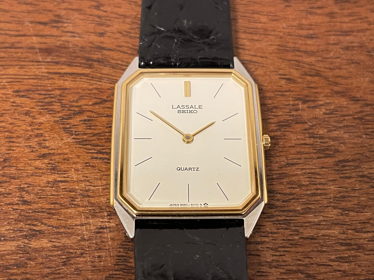 (1983) Seiko 9550-5069 Lassale ultra-thin "Tank" dress watch - cream dial w/ black stick markers (NOS)