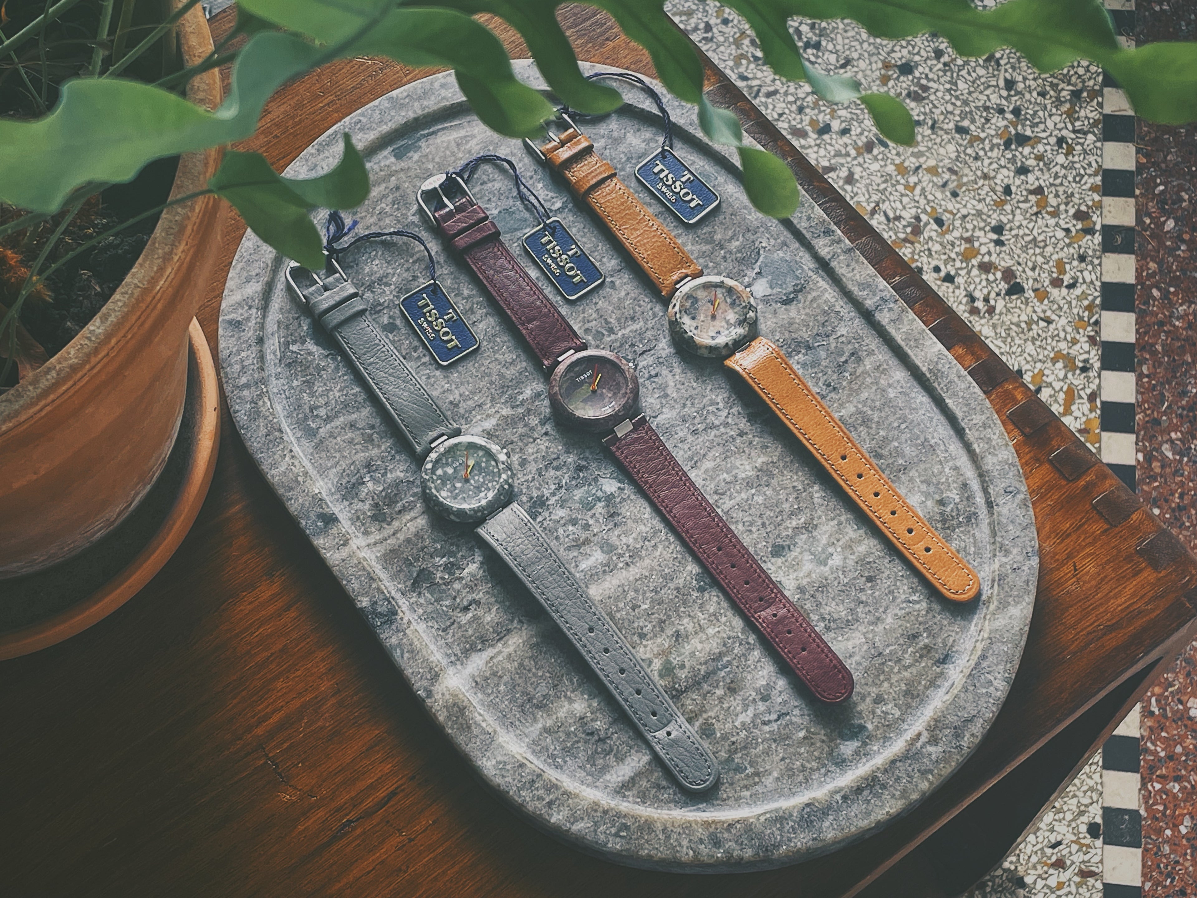 Vintage Tissot RockWatch, 3 pieces on a display tray