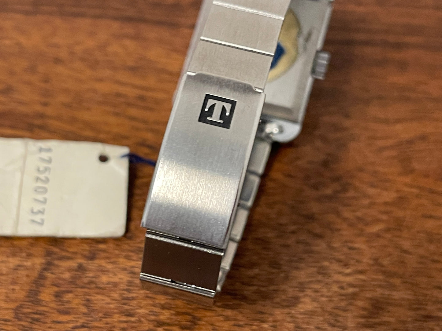 (1970s) Tissot Seven automatic "Tank" on bracelet - lavender abstract graphic dial w/ white Roman numerals (NOS)