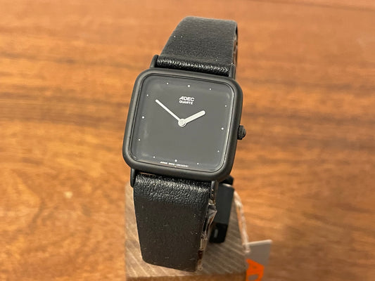 Front side (1983) ADEC (by Citizen) 2028-395808 "TV case" - black case -  black dial w/ silver markers (NOS)