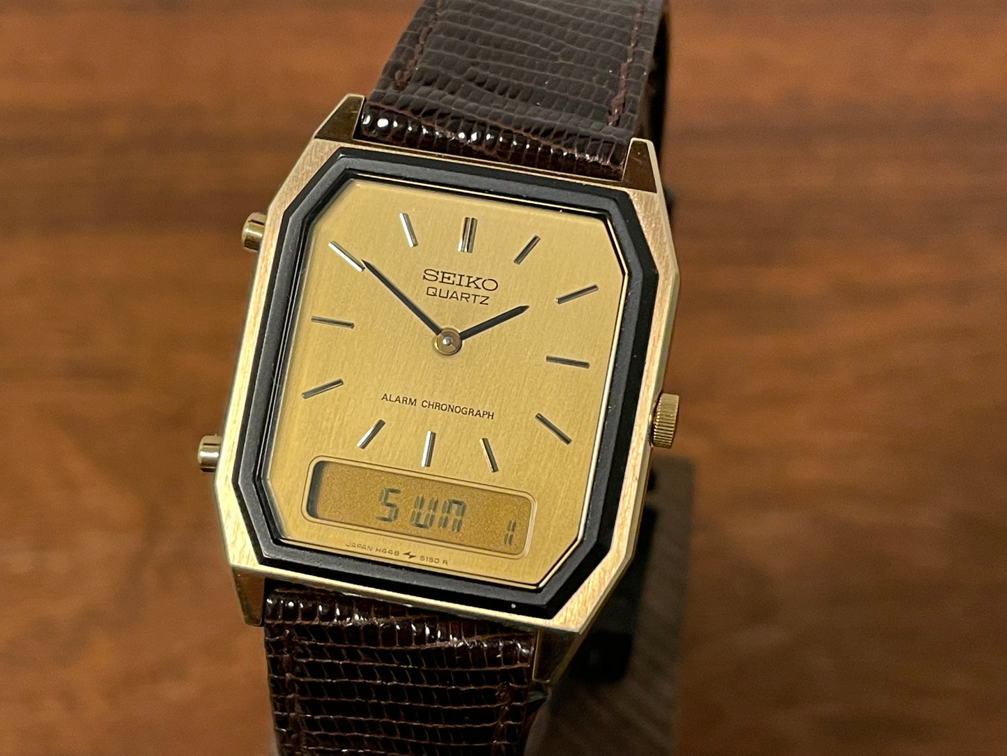 (1984) Seiko H448-5130 Alarm Chronograph - gold dial w/ gold markers & digital display