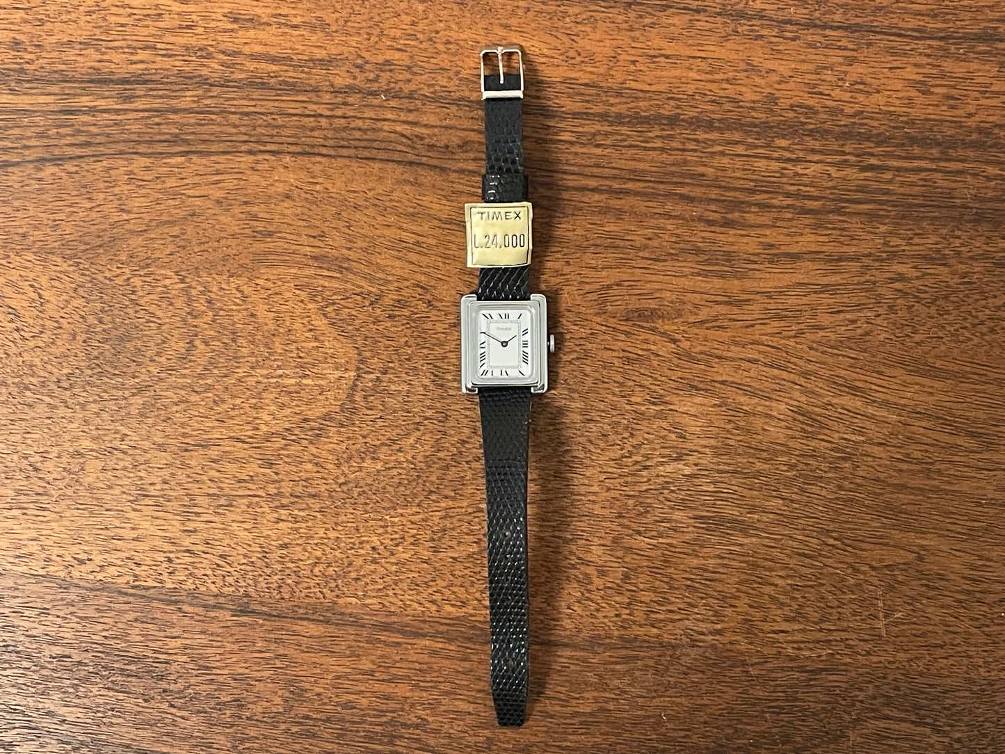 (1970s) Timex "Tank" dress watch - silver case - white dial w/ Roman numerals - small size (NOS)