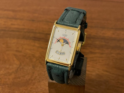 Front side (1990) Citizen 6085-Y56376 “Tank” - white dial w/ moonphase & gold stick markers (mint)