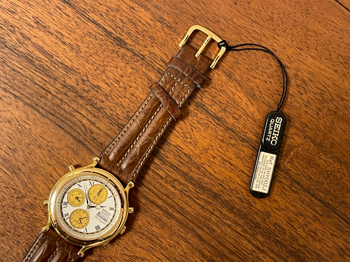 (1992) Seiko 7T39-7A00 Age of Discovery (AOD) chronograph -  gold case w/ white speckled dial (NOS)