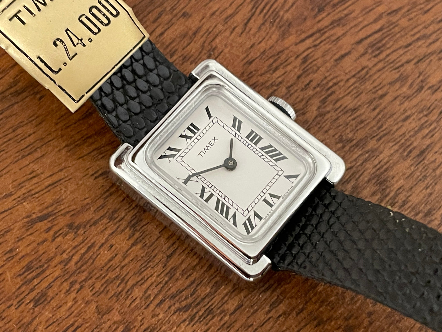 (1970s) Timex "Tank" dress watch - silver case - white dial w/ Roman numerals - small size (NOS)
