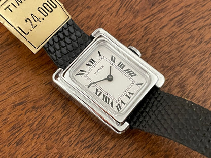 (1970s) Timex "Tank" dress watch - silver case - white dial w/ Roman numerals - small size (NOS)