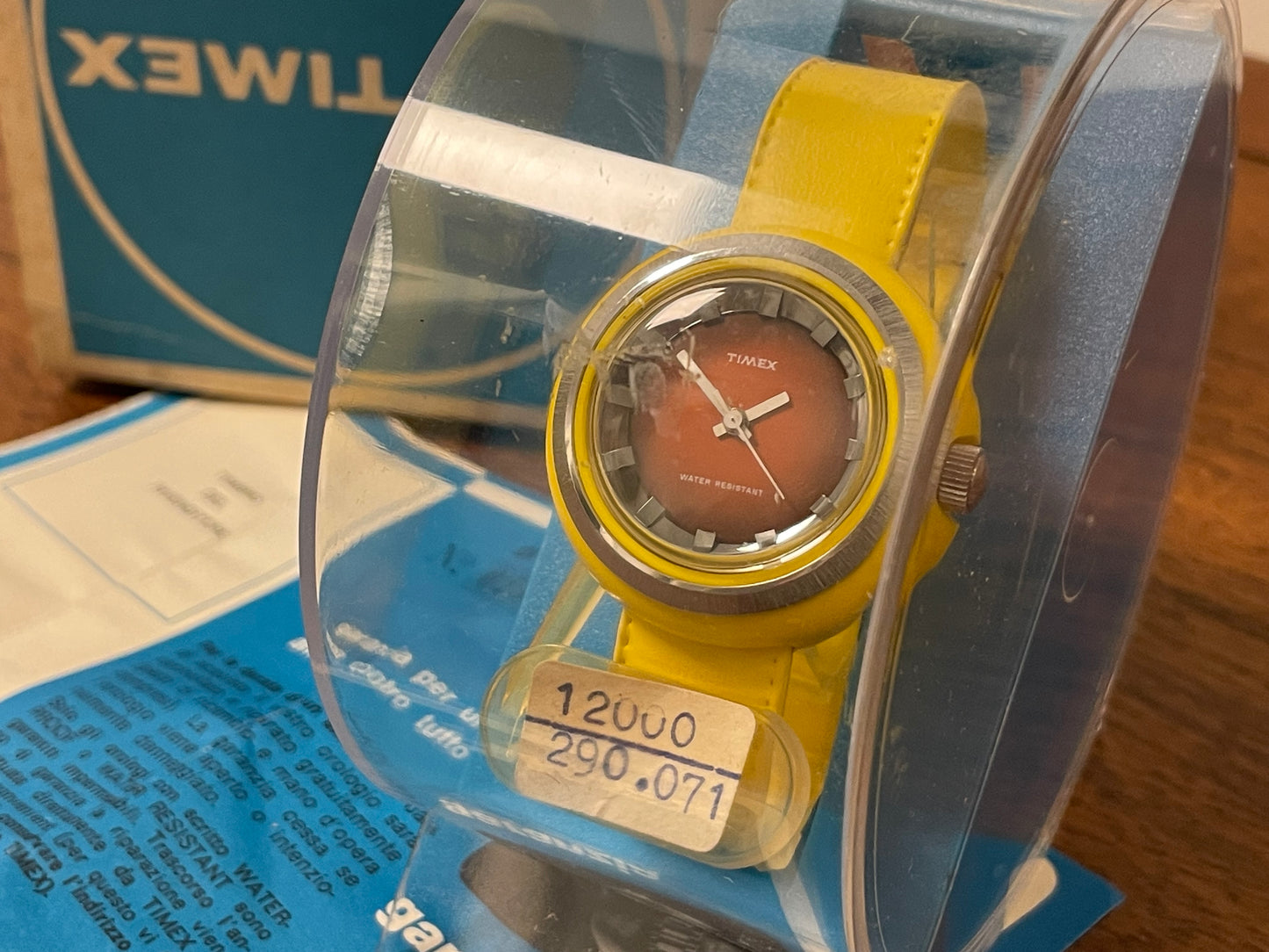 (1970s) Timex 290-071 UFO - yellow plastic case - brown dial w/ silver markers - small size (NOS + full set)