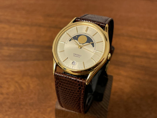 1986) Seiko 7434-7000 dress watch with moon phase - gold stick dial