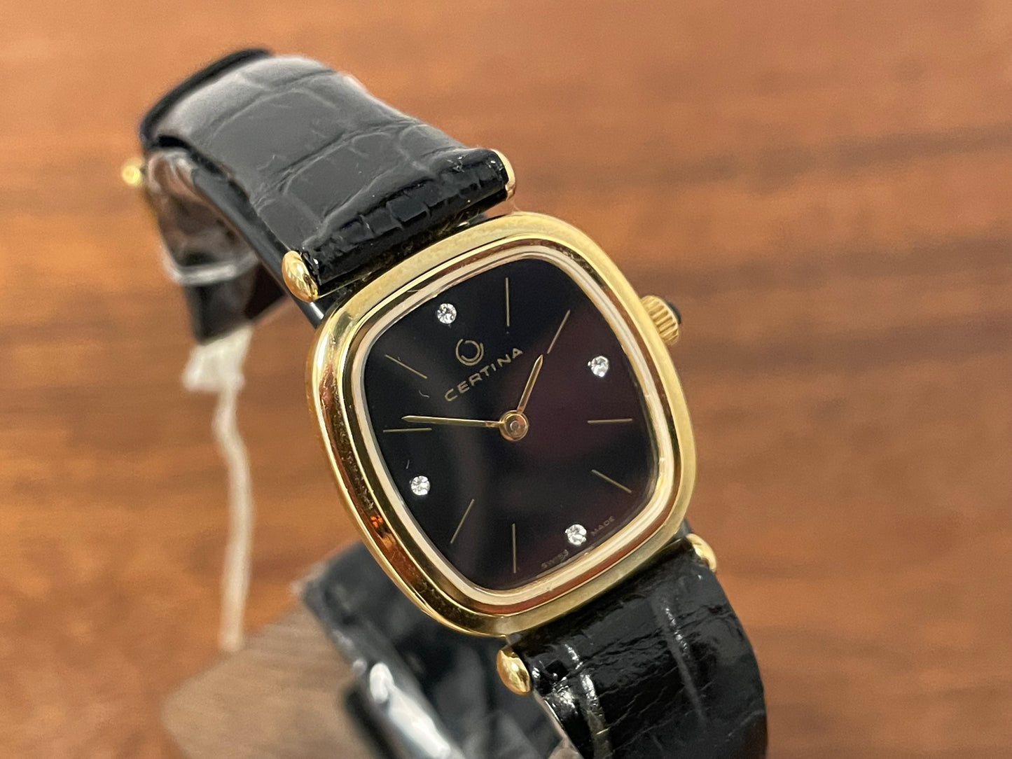 (1970s) Certina 706SP dress watch - gold plated case - black dial w/ diamond markers - small size (NOS)