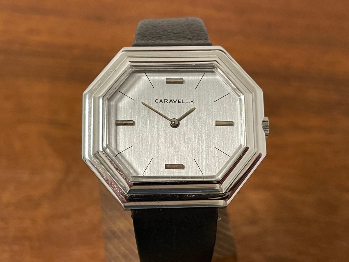 (1974) Caravelle dress watch - octagon case - brushed silver dial w/ stick markers (mint)