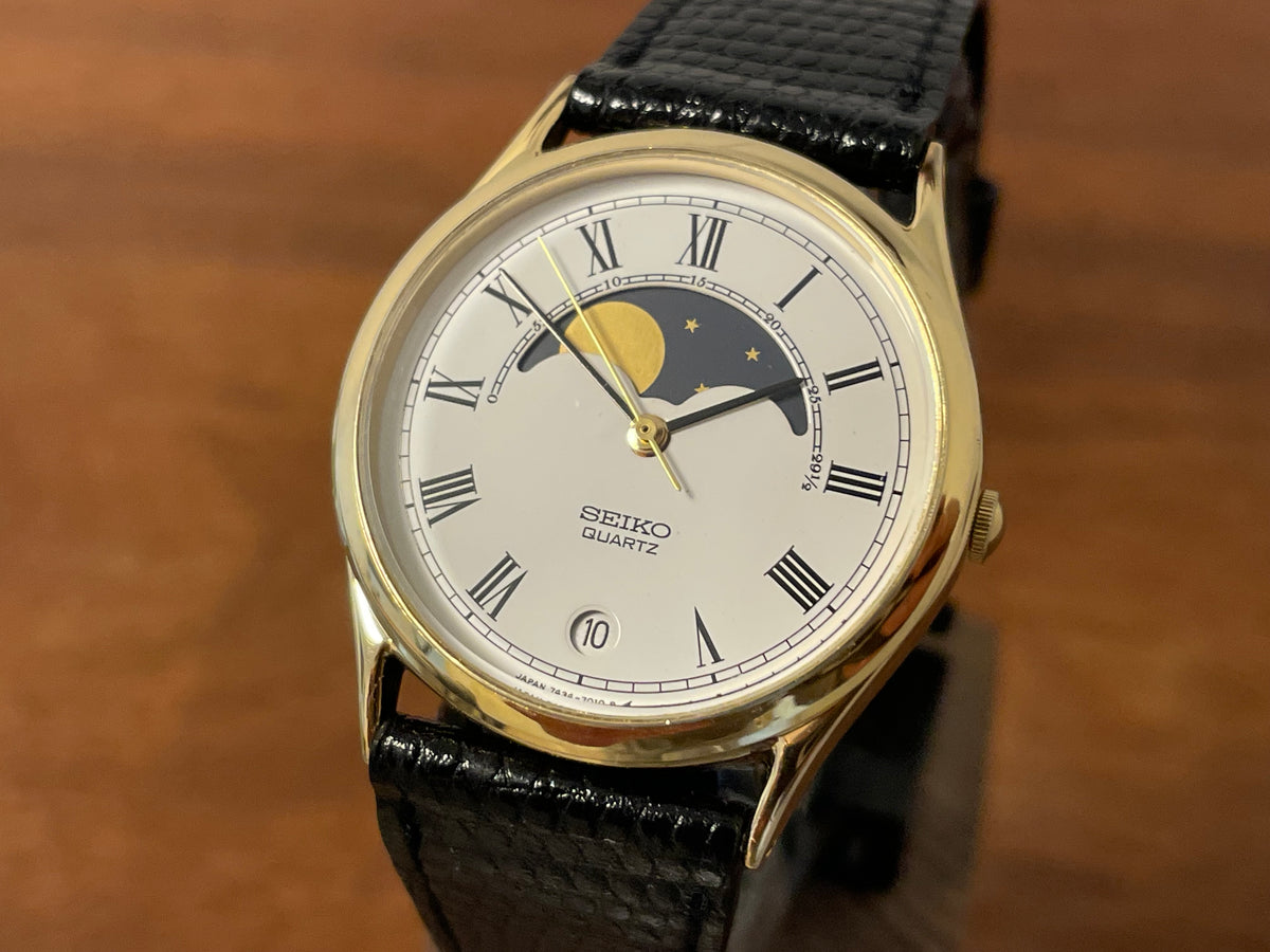 (1984) Seiko 7434-7000 dress watch - cream dial w/ moonphase & Roman numerals