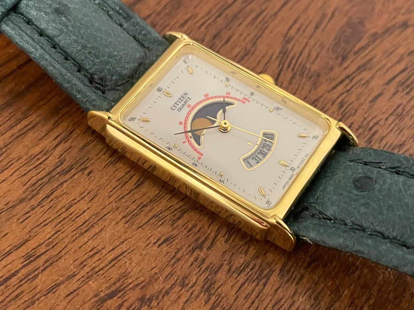 (1990) Citizen 6085-Y56376 “Tank” - white dial w/ moonphase & gold stick markers (mint)
