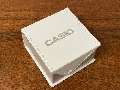 Casio watch box - white w/ fold-over lid and snap button closure
