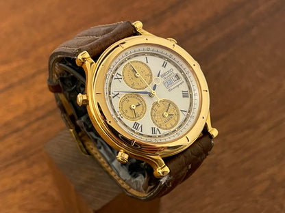 (1992) Seiko 7T39-7A00 Age of Discovery (AOD) chronograph -  gold case w/ white speckled dial (NOS)