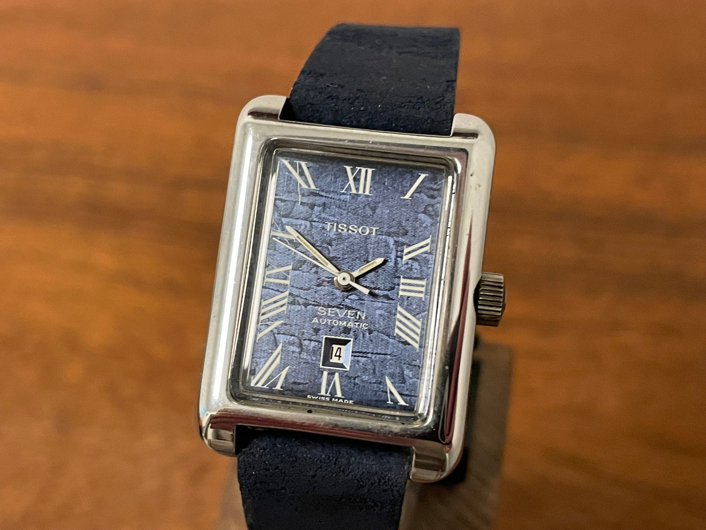 (1970s) Tissot Seven automatic "Tank" - lavender abstract graphic dial w/ white Roman numerals (NOS)