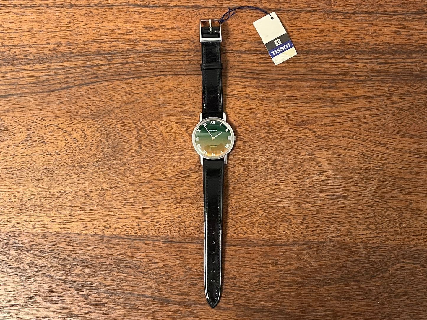 (1970s) Tissot 41070 Stylist dress watch - silver case - brushed green/orange gradient dial w/ white Roman numerals (NOS)