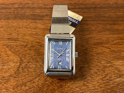 (1970s) Tissot Seven automatic "Tank" on bracelet - lavender abstract graphic dial w/ white Roman numerals (NOS)