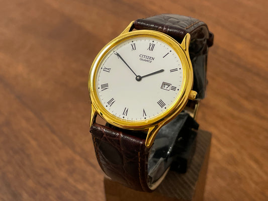 Front side (1995) Citizen QF0838-05A Ore Felici dress watch - white dial w/ black Roman numerals (NOS)