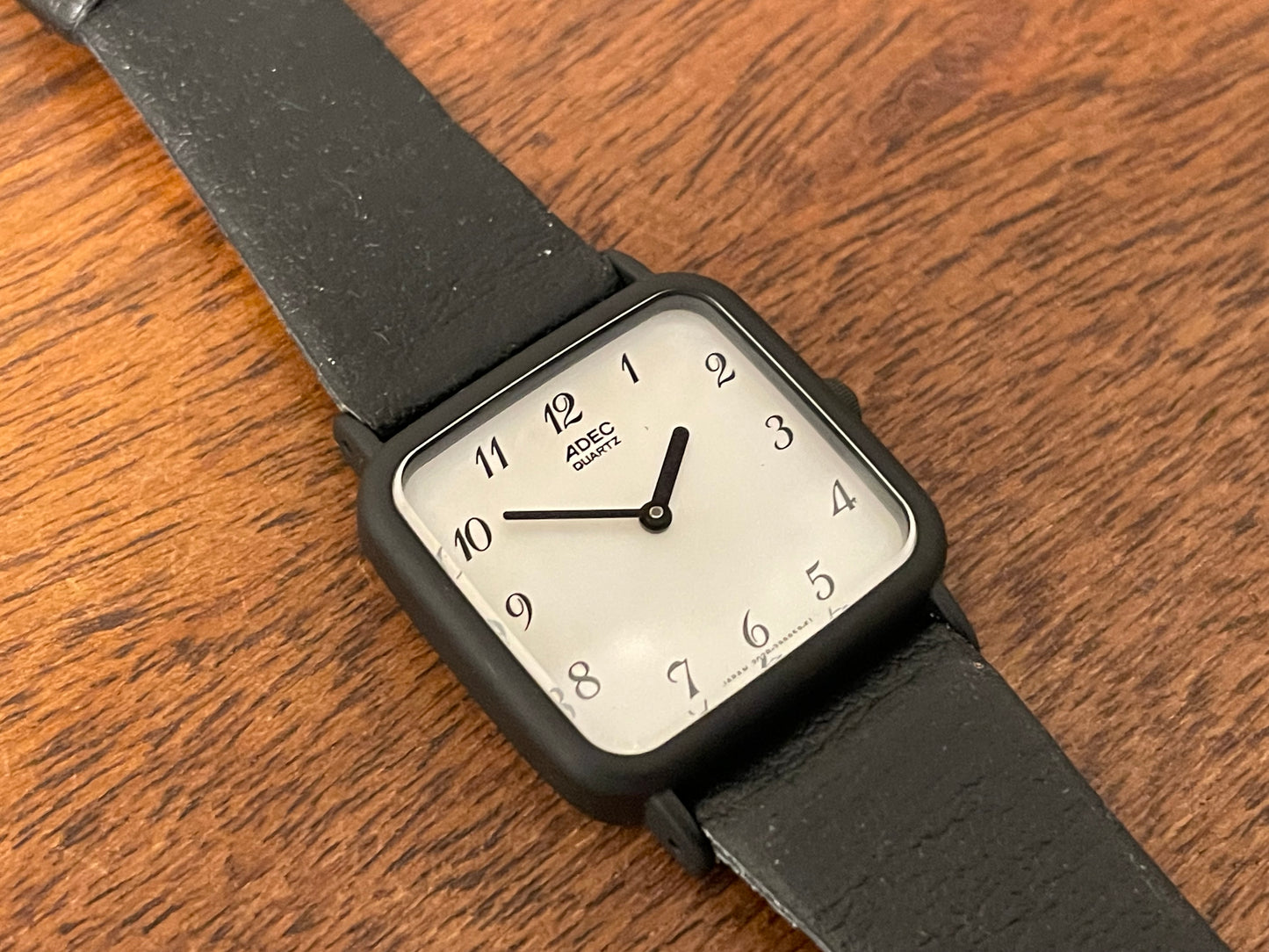 (1983) ADEC (by Citizen) 2028-395808 "TV case" - black case - silver dial w/ black Arabic numerals (NOS)