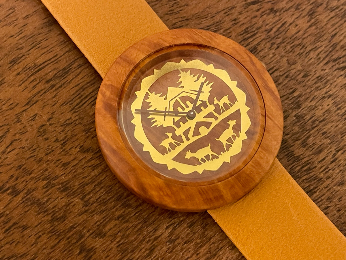 (1990s) Tissot WoodWatch W195 - Mediterranean Briar case & dial w/ gold colored inlay - forest cabin (NOS)