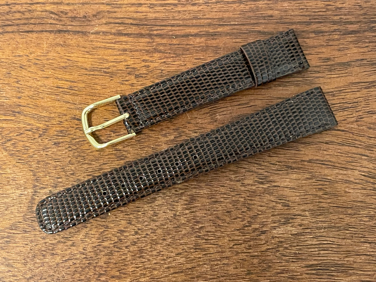Front side 16mm Seiko brown Lizzard print calf leather w/ gold buckle - vintage (NOS)