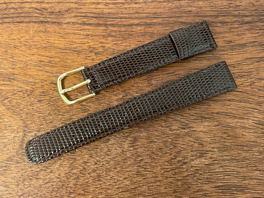 Front side 16mm Seiko brown Lizzard print calf leather w/ gold buckle - vintage (NOS)