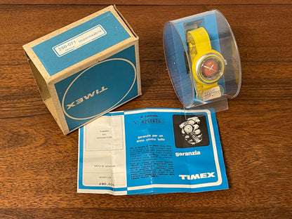 (1970s) Timex 290-071 UFO - yellow plastic case - brown dial w/ silver markers - small size (NOS + full set)
