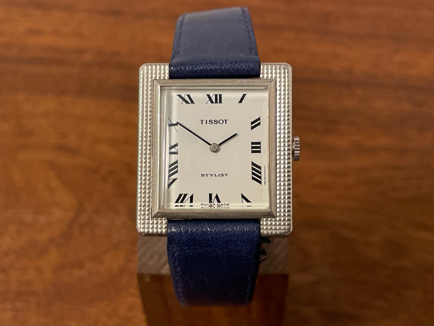 (1970s) Tissot Stylist "Tank" - decorated case - white dial w/ black Roman numerals (NOS)