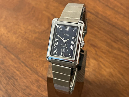 Front side (1970s) Tissot Seven automatic "Tank" on bracelet - lavender abstract graphic dial w/ white Roman numerals (NOS)
