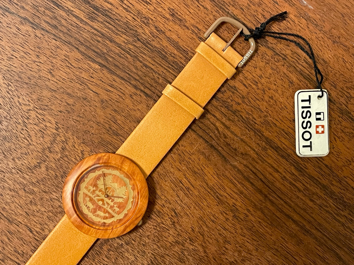 (1990s) Tissot WoodWatch W195 - Mediterranean Briar case & dial w/ gold colored inlay - forest cabin (NOS)