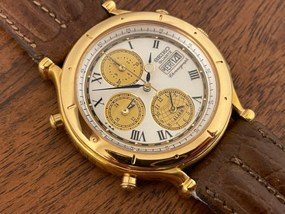 (1992) Seiko 7T39-7A00 Age of Discovery (AOD) chronograph -  gold case w/ white speckled dial (NOS)