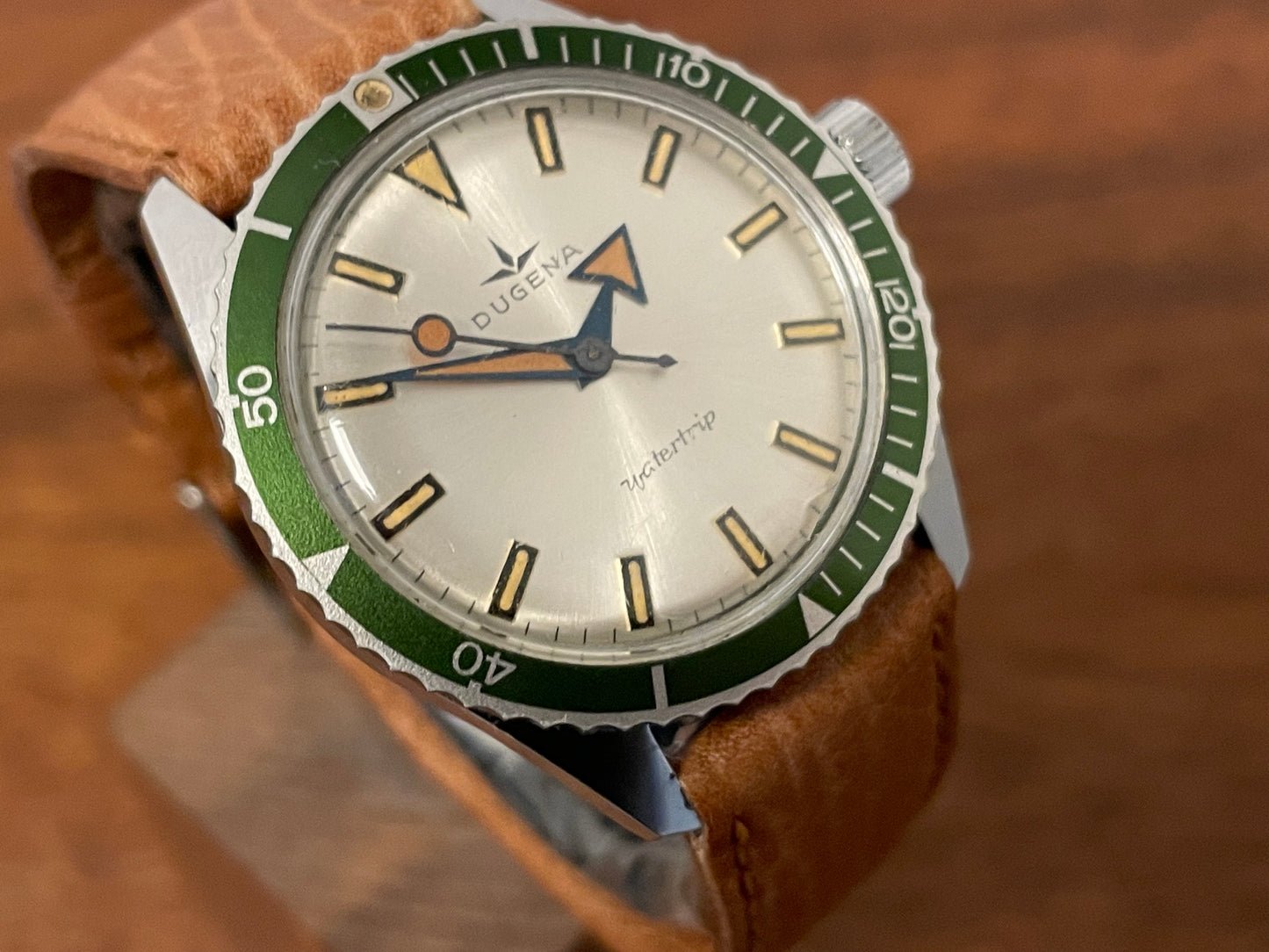 (1970s) Dugena Watertrip "Kermit" diver - green bezel - silver sunburst dial