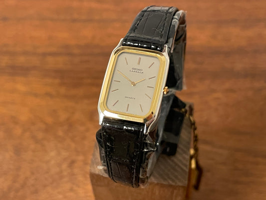 Front side (1981) Seiko 6730-5009 Lassale ultra-thin dress watch - bi-color case - silver brushed dial w/ gold stick markers - small size (NOS)