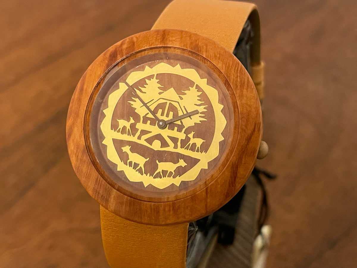 (1990s) Tissot WoodWatch W195 - Mediterranean Briar case & dial w/ gold colored inlay - forest cabin (NOS)