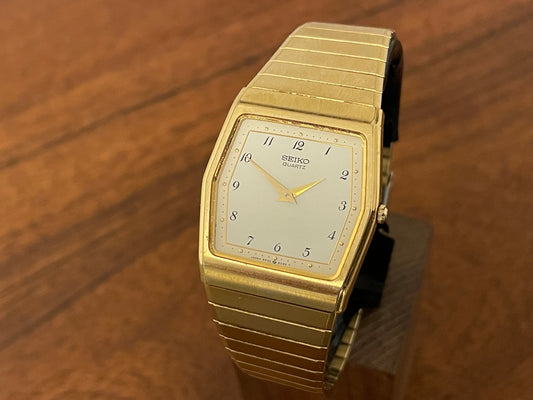 (1996) vintage Seiko 5P30-5F30 gold colored hexagon case dress watch front view