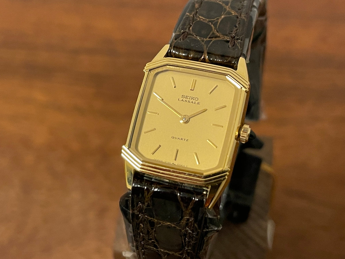 (1982) Seiko 1230-502H Lassale "Tank" dress watch - gold case - gold dial w/ gold stick markers - small size (NOS)