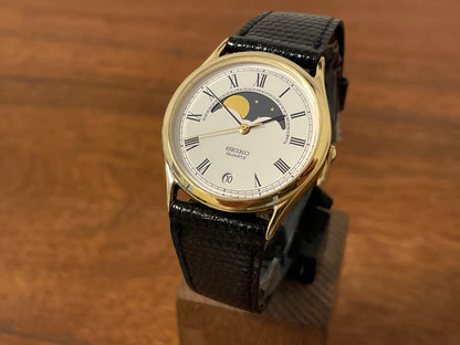 Front side (1984) Seiko 7434-7000 dress watch - cream dial w/ moonphase & Roman numerals